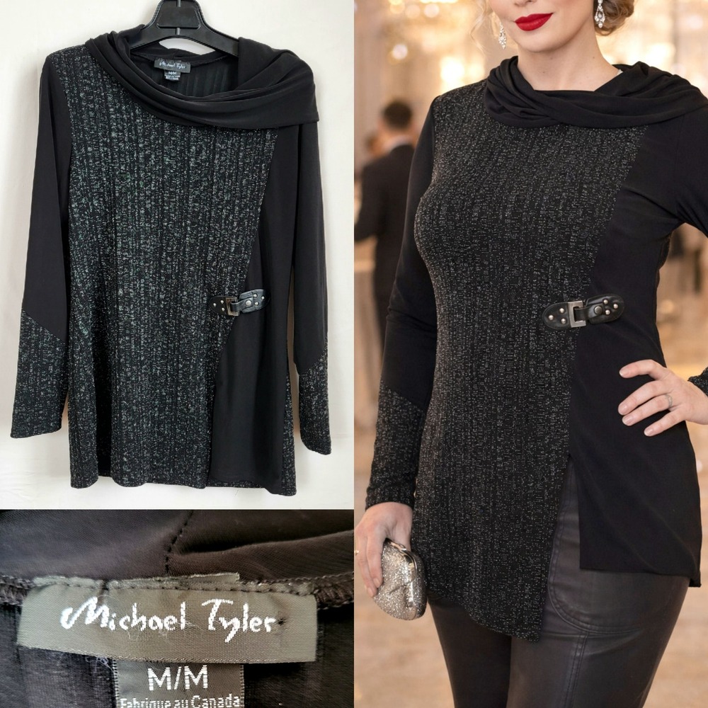 Michael Tyler Black Silver Shimmering Cowl Neck‎ Buckle Top M